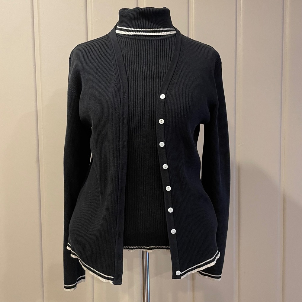 Worthington Black Silk Blend Ribbed V Neck Cardigan Sweater Tank Top Set Medium